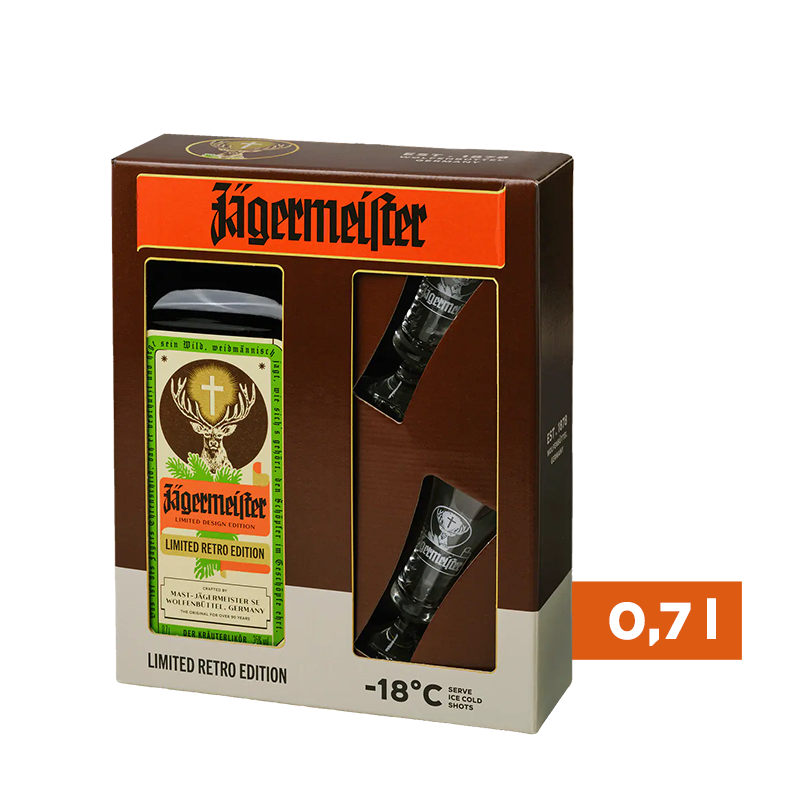 Jägermeister Kräuterlikör Retro-bottle Onpack mit 2 shotgläsern